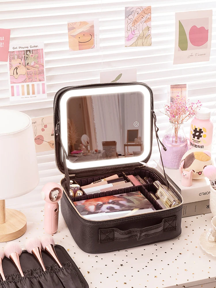 3 Color Train Case Mirror, White Portable Makeup Case Waterproof Organizer with Adjustable Dividers, Cosmetics Storage Case Gift
